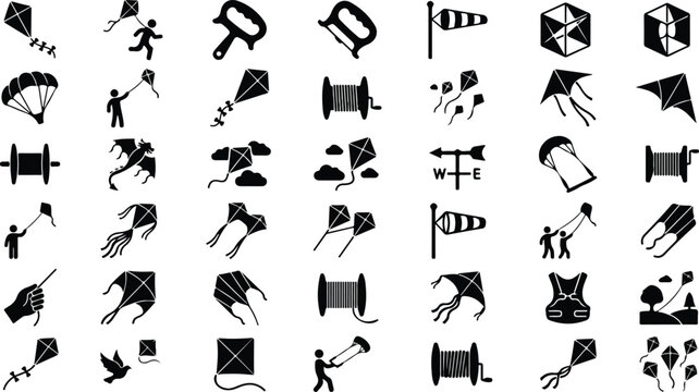 Kite flying icons and outdoor recreational activity silhouettes