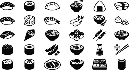 Japanese food and sushi restaurant icons set in black and white © Lunatix Studio