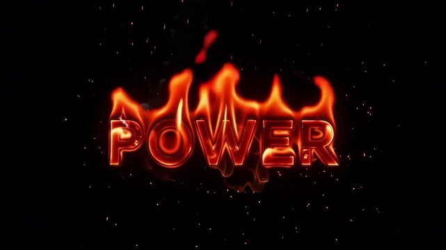 Power text typography burning with intense bright orange flames and swirling dark smoke in this cinematic motion video animation sequence featuring high contrast black background and glowing fiery par