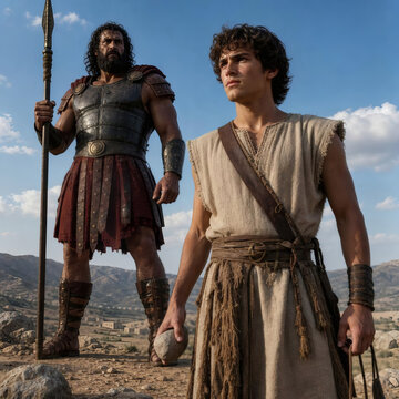 dramatic biblical david and goliath epic battle scene faith courage warrior vs giant cinematic landscape strong jawline david fierce goliath sling and stone armor and spear rolling hills clear blue sk