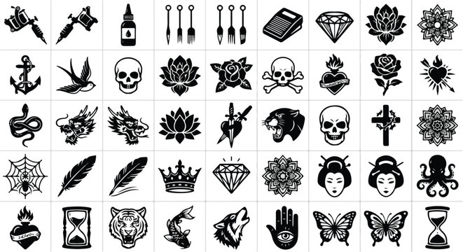 Black and white tattoo flash collection with classic symbols
