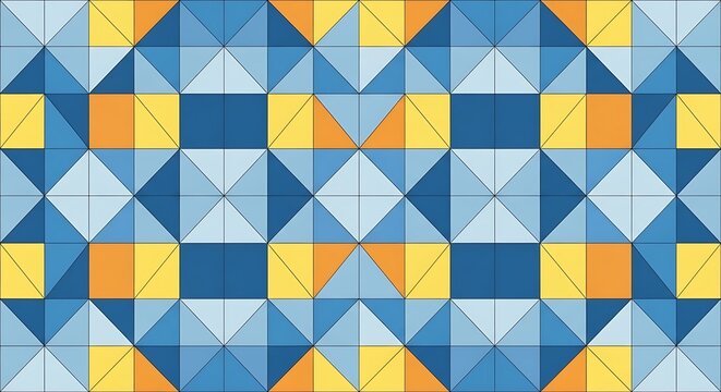 Geometric abstract pattern with blue and yellow tiles in a modern mosaic composition