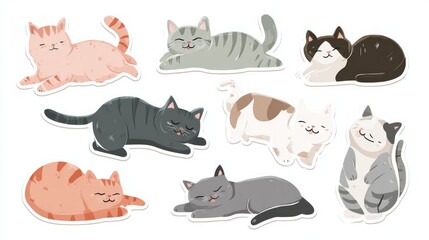 Fototapeta premium 99.Cute cat sticker collection showing various domestic breeds playing and relaxing, simple flat vector design, rounded shapes, isolated on white background