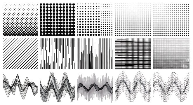 Geometric pattern collection featuring dots grids lines and waves for background texture design