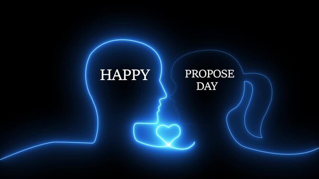 Happy propose day neon line animation with romantic couple silhouette and heart symbol