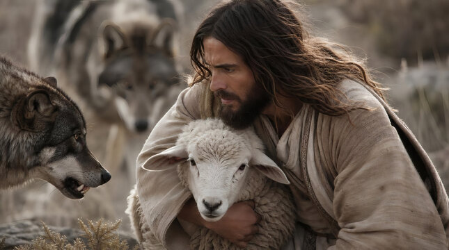jesus christ rescues vulnerable sheep from wolf attack close up divine protection faith good shepherd salvation spiritual warfare christian art