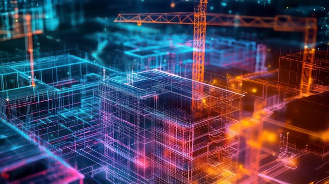a photo realistic image of digital twin simulations for a construction project, with digital twin models, simulation software interface, data analysis, and construction site