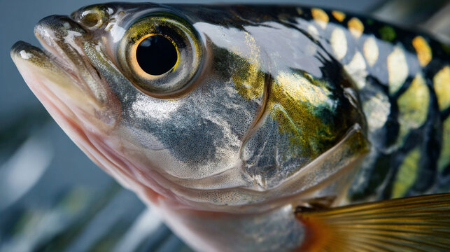 Extreme close up freshwater fish sharp scale pattern silver gold aquatic animal