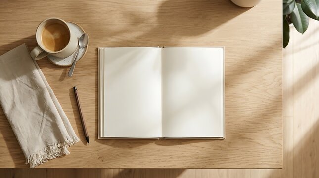 A serene workspace setup with an open notebook, coffee, and a plant on a wooden desk viewed from above.