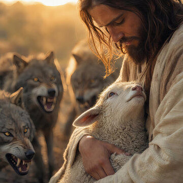 jesus rescues sheep from wolves divine protection faith based close up gentle hands woolly lamb spiritual gratitude hope in darkness