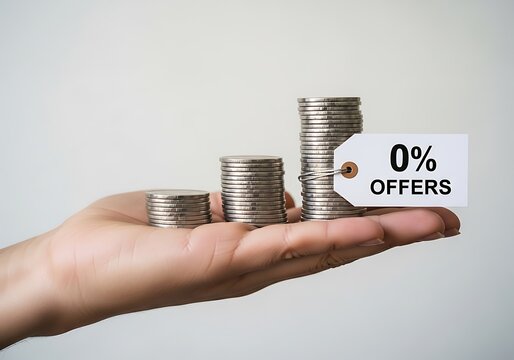 Hand holding stacked coins with zero percent offers tag