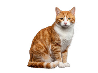 Fototapeta premium Vibrant orange and white cat sitting calmly, isolated on a transparent background.