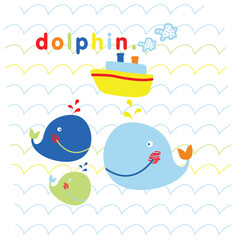 Naklejka premium Cute playful dolphin swimming near a boat on the vast blue ocean, sea life vector illustration for baby clothing