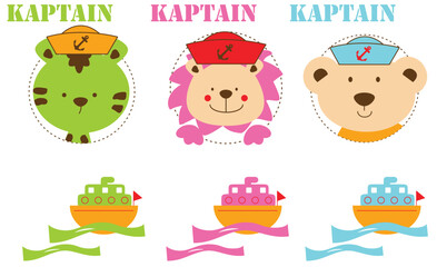 Fototapeta premium Funny jungle friends tiger lion and bear sailing a boat in the vast ocean, nautical theme vector for kids apparel.