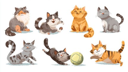 Fototapeta premium 97.Concept = Set of adorable cats sitting, stretching, playing with ball, playing. Cute pet labels. Set breeds of domestic animals isolated on a white background. Flat cartoon vector illustration.