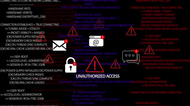 A digital interface highlights an unauthorized access alert with a padlock symbol in a high tech environment, emphasizing cybersecurity. 4K Secure Access Warning Motion Video/