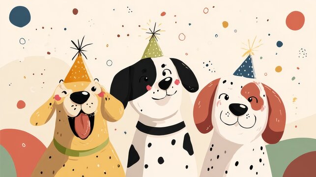 81.Flat vector banner design celebrating World Dog Day, cute dog characters, festive mood, simple shapes, space for sale or event text