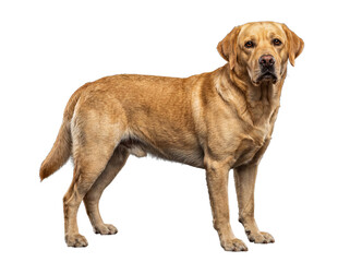 Fototapeta premium Friendly yellow Labrador Retriever dog standing with an attentive expression, captured as a studio photograph.