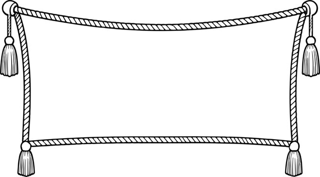 Rectangular rope frame with decorative tassels, black and white line
