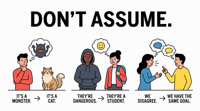 Flat vector illustration of the "Don't Assume" concept, showing three scenarios where assumptions are challenged to reveal a truer, more positive understanding of reality.