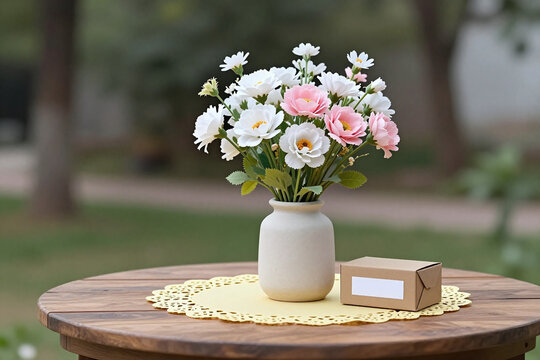 A vase of flowers sitting on top of a table next to a box of croiss