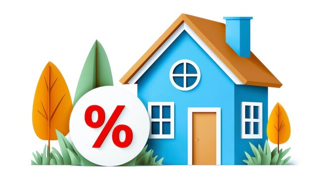 Mortgage rate increase with house and percent symbol, paper cut autumn scene of home cost rise