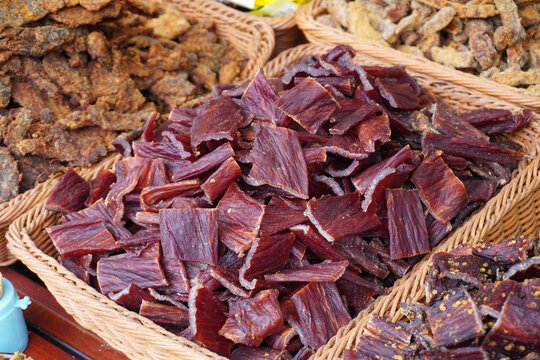 Authentic, richly seasoned local dried beef from the historic streets of Qingyan Ancient Town, Guizhou Province China 