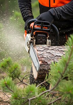 Person cutting log with chainsaw wood tree