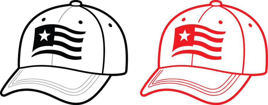 Two baseball caps with waving flag black and red outlines