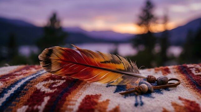 Indigenous woven blanket with dreamcatcher and feathers at lakeside sunset