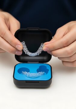 Person holding clear dental aligners from case dental care