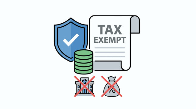 Flat vector illustration representing Tax Exempt status, featuring a document, shield with checkmark, and coins, symbolizing financial savings and legal tax immunity.
