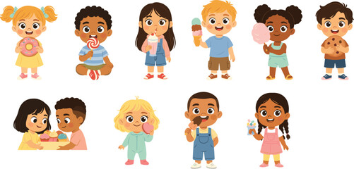 Cute Cartoon Diverse Children Characters Eating Sweets, Candy, Ice Cream, and Desserts Set for Bakery Branding and Birthday Party Vector Designs