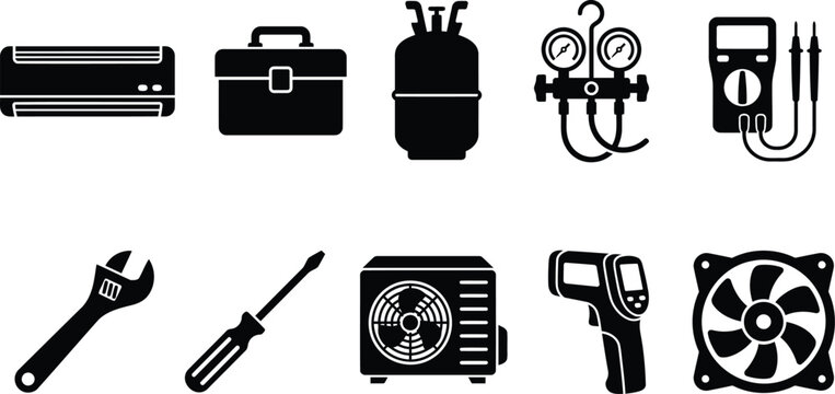 Air Conditioner and Refrigerator Repair Service Silhouette Icon Set - AC Maintenance Tools Clipart