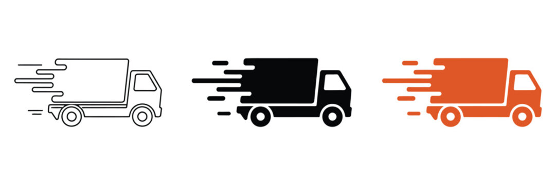 Fast shipping delivery truck icon set vector featuring quick shipping and logistics services symbol for courier transport, freight delivery, and e commerce supply chain graphics, vector, designs