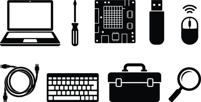 Computer and Laptop Repair Service Silhouette Icon Set with Electronic Equipment and Tools