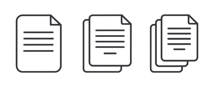 Document icon set, paper sheet symbols single page and multi page files, transparent background vector graphics set for business and office documents.