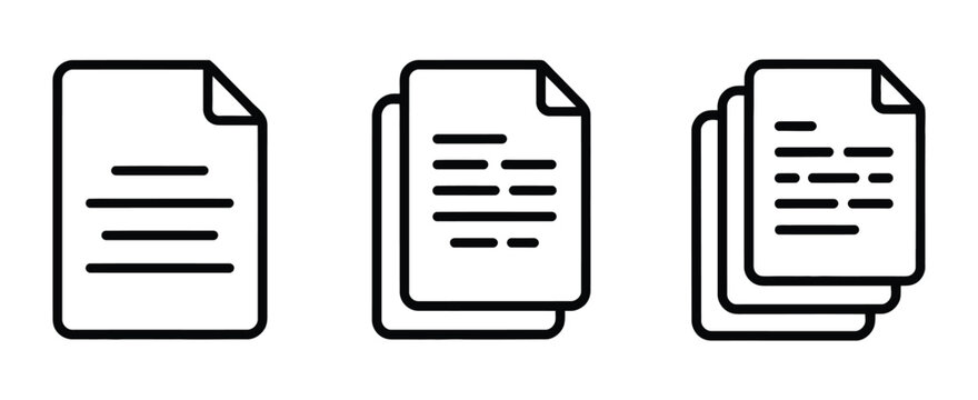 Document icon set, paper sheet symbols single page and multi page files, transparent background vector graphics set for business and office documents.