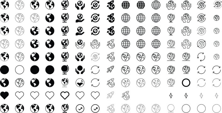 Mega collection of earth globe world grid and environment ecology line and solid vector icons for global corporate communication UI.Mega collection of earth globe world grid and environment ecology li