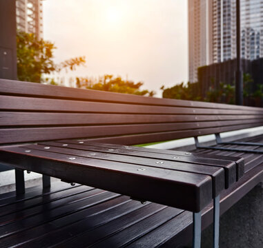 Solitary wooden bench on damp pavement with lush grass and subtle reflections post rainfall