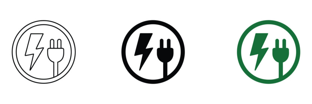 Electric car charging icon set, plug cable lightning bolt green energy power station symbols vector illustration isolated background set for eco transport design.