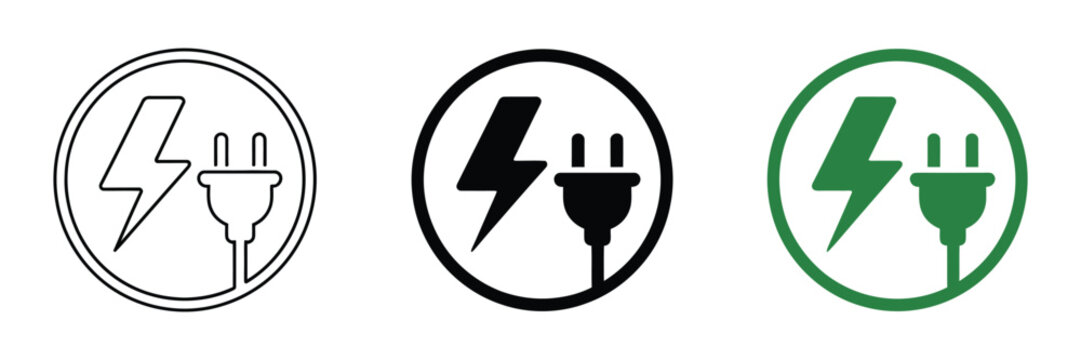 Electric car charging icon set, plug cable lightning bolt green energy power station symbols vector illustration isolated background set for eco transport design.