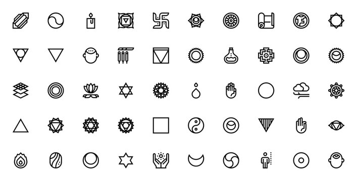 Chakras icon set. Spiritual vector icon pack. Minimal line art. Featuring crystals, chakras, lotus, mandala, yoga, moon, third eye, yin yang, mudra, dharma wheel, & more. Editable stroke.