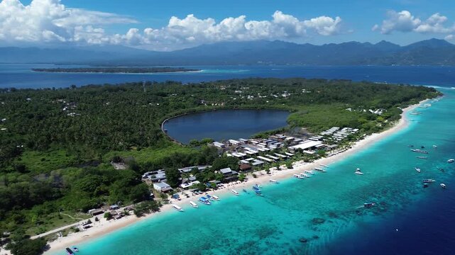 Aerial 4K Drone Footage Gili Meno Island Lombok Indonesia Turquoise Water Tropical Beach