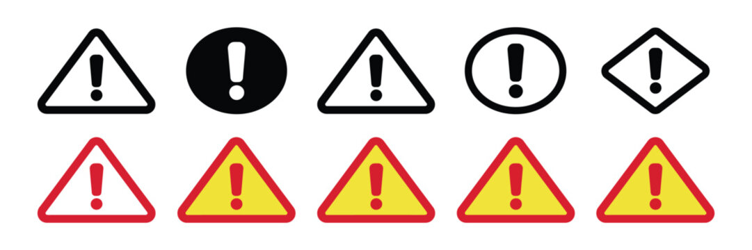 Hazard warning signs, caution triangles yellow red alert symbols exclamation mark icon set grid background isolated vector graphics for safety communication design.