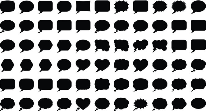 Mega collection of speech bubble silhouette icons featuring diverse comic message shapes dialogue clouds and thought balloon graphics.Mega collection of speech bubble silhouette icons featuring divers
