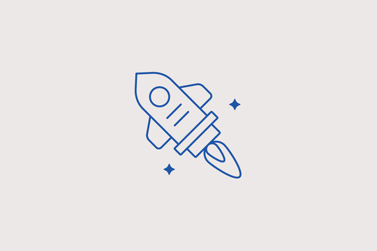 Flying space rocket launch line icon for astronomy club, science museum, startup venture app. Inspiring vector illustration for cosmic exploration.