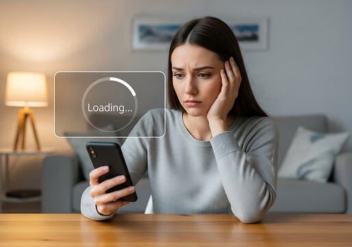 Frustrated woman with slow phone loading frustration