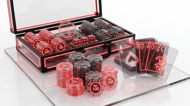 Luxury casino poker symbols displayed on a white surface with 3D vector playing cards and chips.