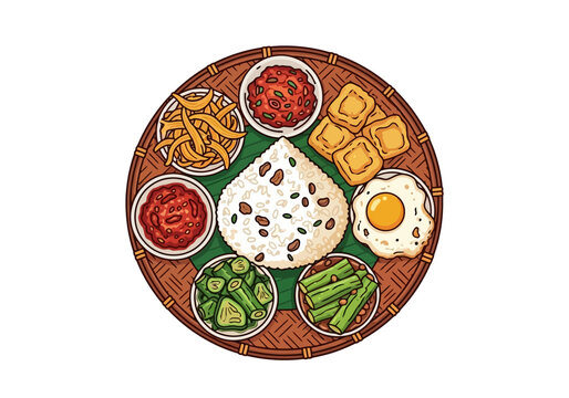 Hand drawn illustration of a traditional Gallo Pinto breakfast plate with rice beans and sides.